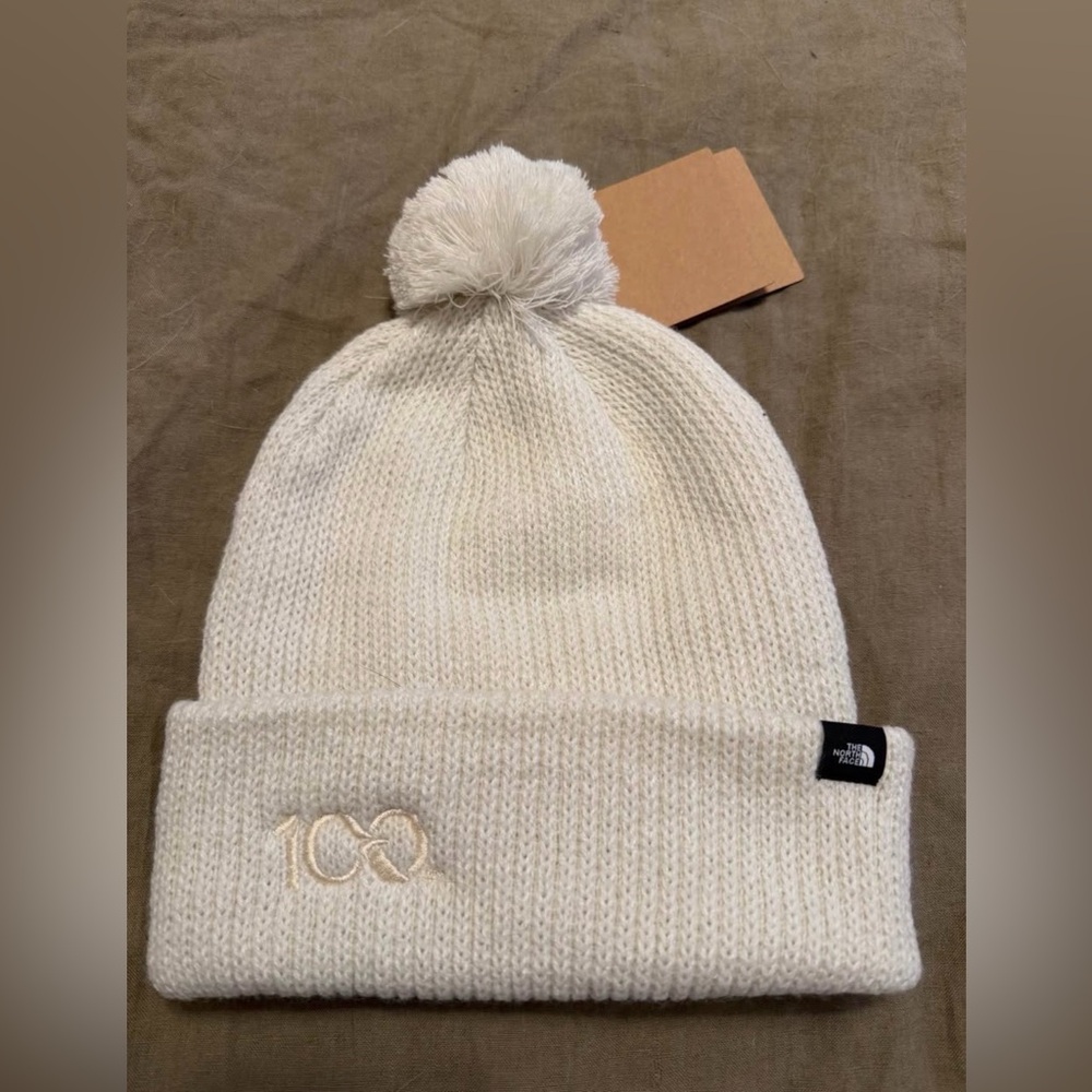The North Face Cream Beanie With Pom Pom